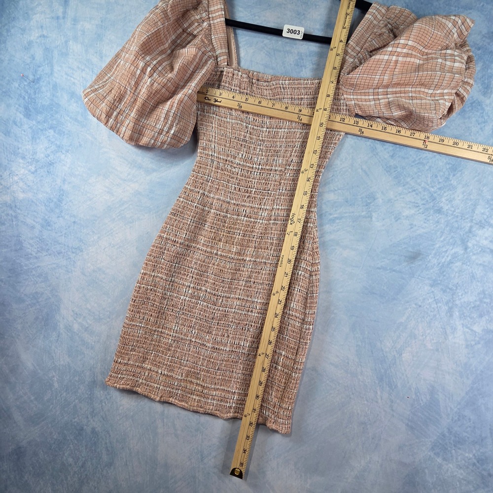 Atoir Fool To Love Dress Peach Plaid Smocked Puff Sleeve Mini Dress Sz 4 - Picture 6 of 8